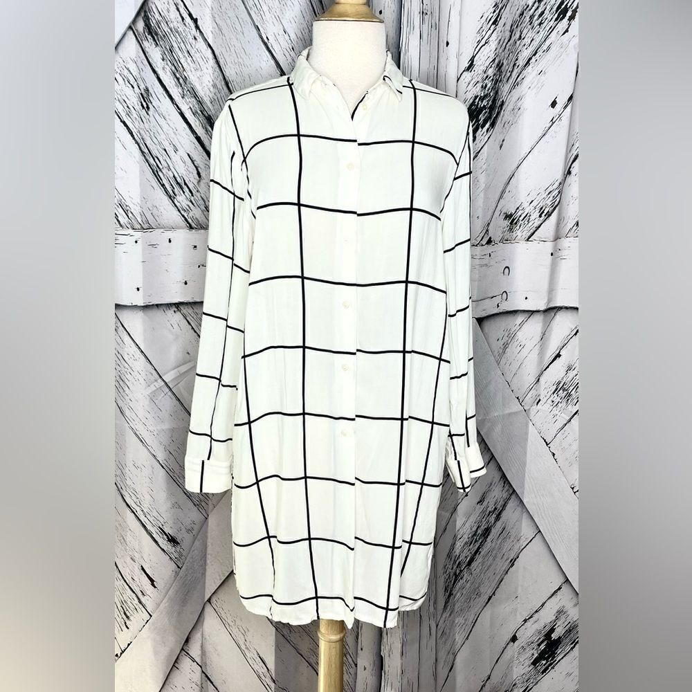 H&M White Long Tunic Top, Shirt Windowpane 10